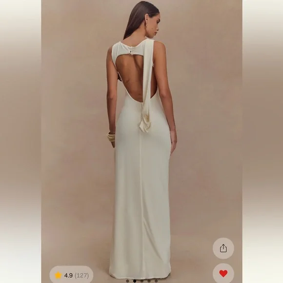 MESHKI Henley Slinky Drape Maxi Dress - Ivory Elegant Cream Evening Gown - Picture 2 of 7